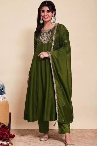 Mehendi party wear embroidery vichitra silk blend kurta with pant and dupatta