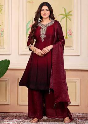 Maroon party wear embroidery silk blend kurta with plazzo and dupatta 2