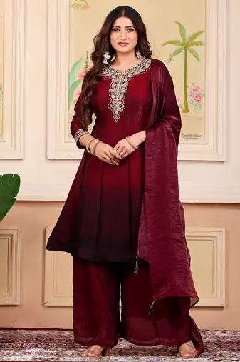 Maroon party wear embroidery silk blend kurta with plazzo and dupatta