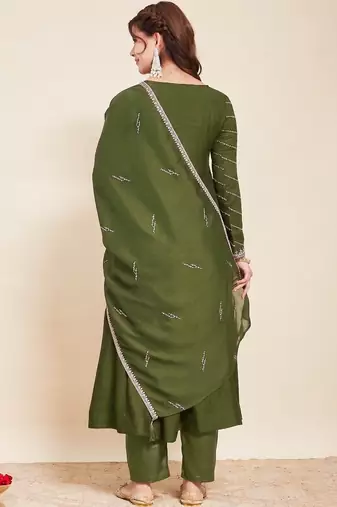 Mehendi party wear embroidery vichitra silk blend kurta with pant and dupatta