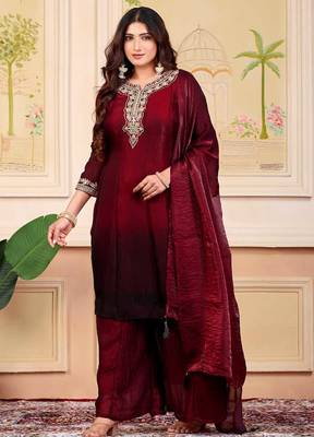 Maroon party wear embroidery silk blend kurta with plazzo and dupatta 3