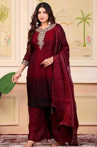 Maroon party wear embroidery silk blend kurta with plazzo and dupatta
