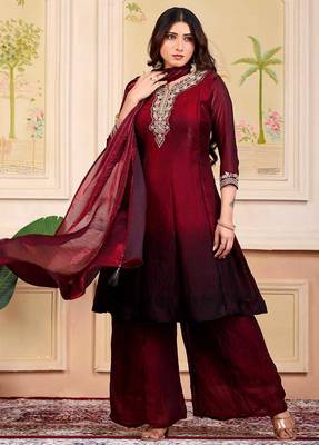 Maroon party wear embroidery silk blend kurta with plazzo and dupatta 4