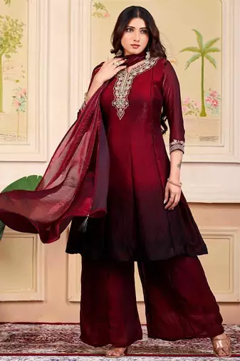 Maroon party wear embroidery silk blend kurta with plazzo and dupatta