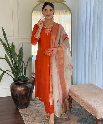 Rust party wear embroidery silk blend kurta with pant and dupatta 1