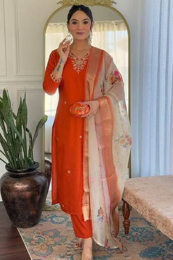Rust party wear embroidery silk blend kurta with pant and dupatta