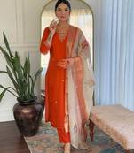 Rust party wear embroidery silk blend kurta with pant and dupatta