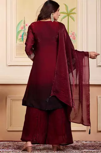Maroon party wear embroidery silk blend kurta with plazzo and dupatta