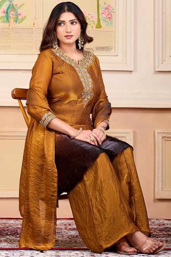 Mustard party wear embroidery silk blend kurta with plazzo and dupatta