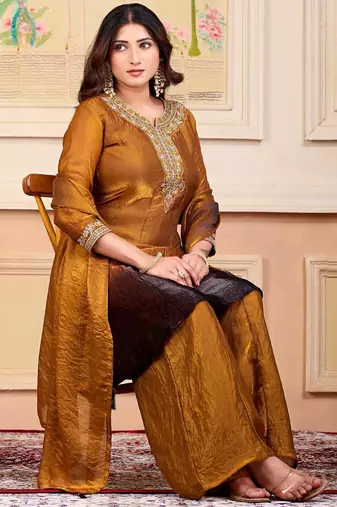 Mustard party wear embroidery silk blend kurta with plazzo and dupatta