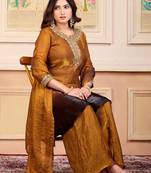Mustard party wear embroidery silk blend kurta with plazzo and dupatta