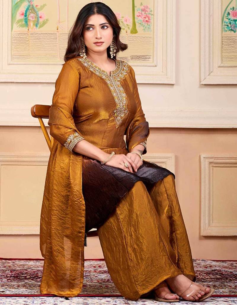 Mustard party wear embroidery silk blend kurta with plazzo and dupatta