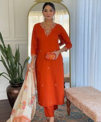Rust party wear embroidery silk blend kurta with pant and dupatta 2