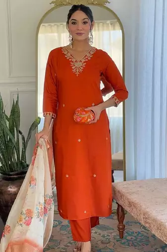 Rust party wear embroidery silk blend kurta with pant and dupatta
