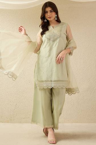 Pista party wear embroidery organza kurta with plazzo and dupatta