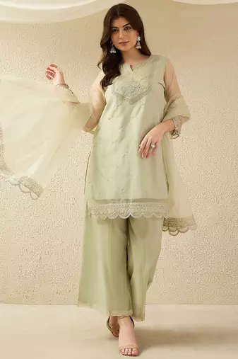 Pista party wear embroidery organza kurta with plazzo and dupatta