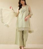 Pista party wear embroidery organza kurta with plazzo and dupatta