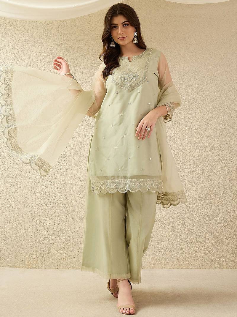 Pista party wear embroidery organza kurta with plazzo and dupatta