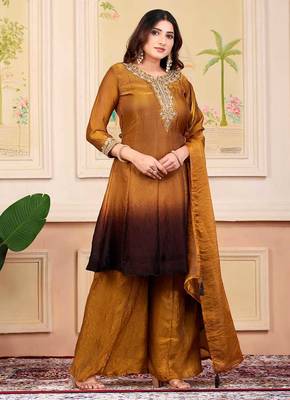 Mustard party wear embroidery silk blend kurta with plazzo and dupatta 2