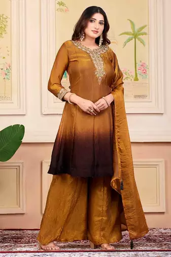 Mustard party wear embroidery silk blend kurta with plazzo and dupatta