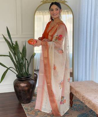 Rust party wear embroidery silk blend kurta with pant and dupatta 3