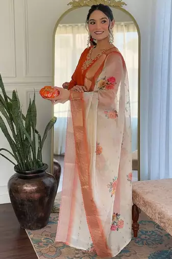Rust party wear embroidery silk blend kurta with pant and dupatta