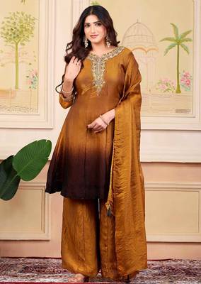 Mustard party wear embroidery silk blend kurta with plazzo and dupatta 3