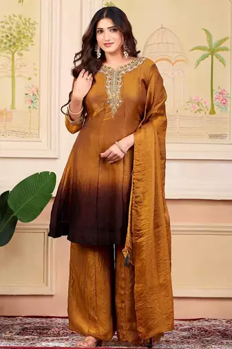 Mustard party wear embroidery silk blend kurta with plazzo and dupatta