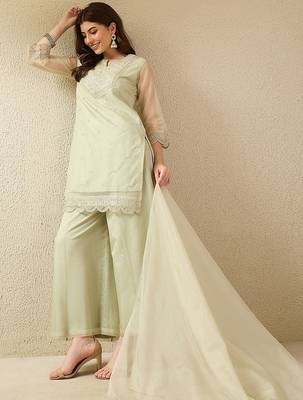 Pista party wear embroidery organza kurta with plazzo and dupatta 2