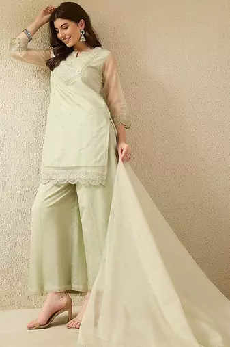 Pista party wear embroidery organza kurta with plazzo and dupatta