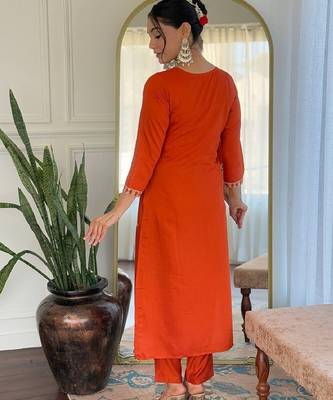 Rust party wear embroidery silk blend kurta with pant and dupatta 4