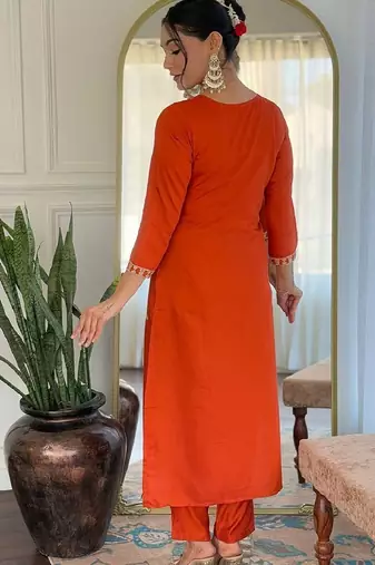 Rust party wear embroidery silk blend kurta with pant and dupatta