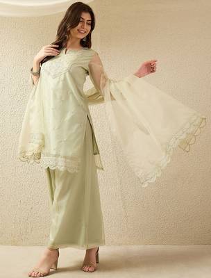 Pista party wear embroidery organza kurta with plazzo and dupatta 3