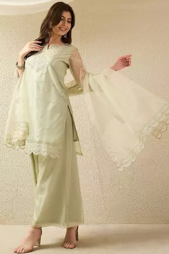 Pista party wear embroidery organza kurta with plazzo and dupatta
