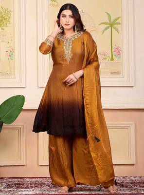 Mustard party wear embroidery silk blend kurta with plazzo and dupatta 4