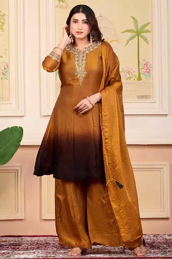 Mustard party wear embroidery silk blend kurta with plazzo and dupatta