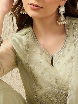 Pista party wear embroidery organza kurta with plazzo and dupatta 4