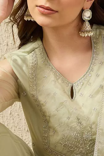 Pista party wear embroidery organza kurta with plazzo and dupatta