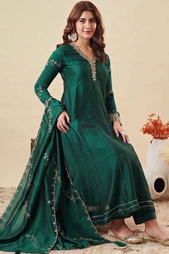 Green party wear embroidery vichitra silk blend kurta with pant and dupatta