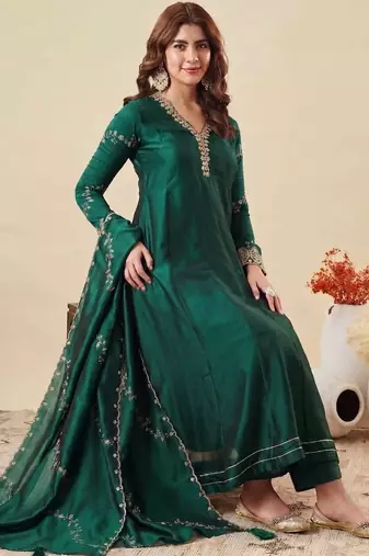 Green party wear embroidery vichitra silk blend kurta with pant and dupatta