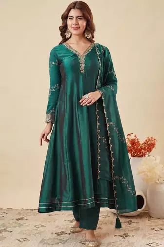Green party wear embroidery vichitra silk blend kurta with pant and dupatta