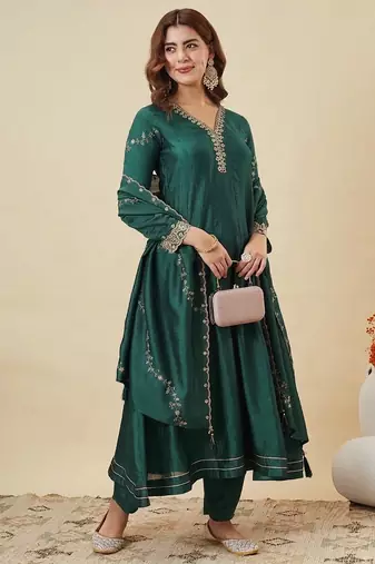 Green party wear embroidery vichitra silk blend kurta with pant and dupatta