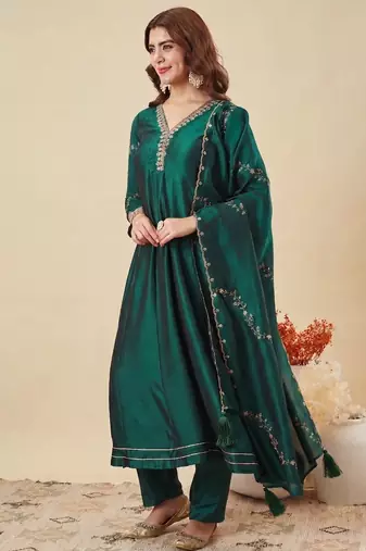 Green party wear embroidery vichitra silk blend kurta with pant and dupatta