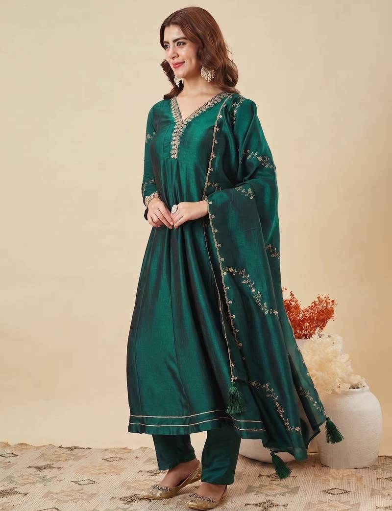 Green party wear embroidery vichitra silk blend kurta with pant and dupatta