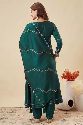 Green party wear embroidery vichitra silk blend kurta with pant and dupatta