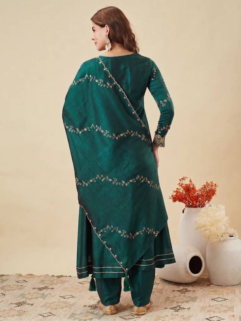 Green party wear embroidery vichitra silk blend kurta with pant and dupatta