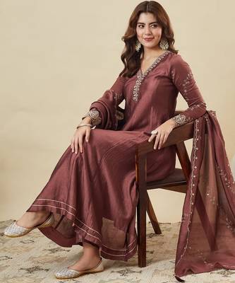 Brown party wear embroidery vichitra silk blend kurta with pant and dupatta 1