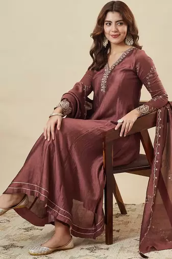 Brown party wear embroidery vichitra silk blend kurta with pant and dupatta
