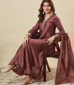 Brown party wear embroidery vichitra silk blend kurta with pant and dupatta