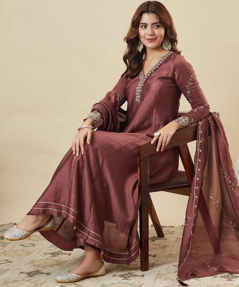 Brown party wear embroidery vichitra silk blend kurta with pant and dupatta